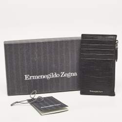Pre Owned Ermenegildo Zegna Black Leather Zip Card Case