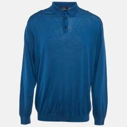 Ermenegildo Zegna Blue Wool Knit Long Sleeve Polo T-Shirt 4XL
