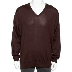 Pre Owned Ermenegildo Zegna Brown Cashmere & Silk Knit V-Neck Sweater 4XL