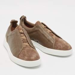 Pre Owned Ermenegildo Zegna Olive Green Leather Triple Stitch Slip On Sneakers Size 44.5