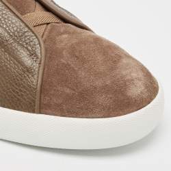 Pre Owned Ermenegildo Zegna Olive Green Leather Triple Stitch Slip On Sneakers Size 44.5