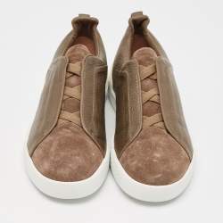 Pre Owned Ermenegildo Zegna Olive Green Leather Triple Stitch Slip On Sneakers Size 44.5