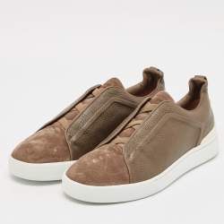 Pre Owned Ermenegildo Zegna Olive Green Leather Triple Stitch Slip On Sneakers Size 44.5