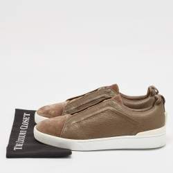 Pre Owned Ermenegildo Zegna Olive Green Leather Triple Stitch Slip On Sneakers Size 44.5