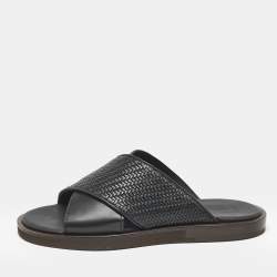 Ermenegildo Zegna Black Woven Leather Flat Slides Size 39