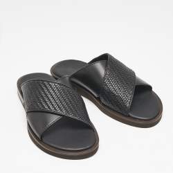 Ermenegildo Zegna Black Woven Leather Flat Slides Size 39