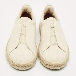 Ermenegildo Zegna Cream Canvas and Leather Triple Stitch Slip On Sneakers Size 44.5