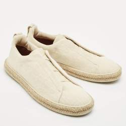 Ermenegildo Zegna Cream Canvas and Leather Triple Stitch Slip On Sneakers Size 44.5
