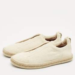 Ermenegildo Zegna Cream Canvas and Leather Triple Stitch Slip On Sneakers Size 44.5