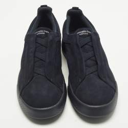 Pre Owned حذاء رياضي إرمنيجيلدو زينيا سليب أون سويدي وجلد أسود / أزرق كحلي وبغرز ثلاثية مقاس 40