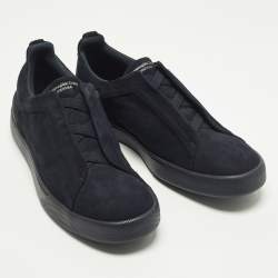 Pre Owned حذاء رياضي إرمنيجيلدو زينيا سليب أون سويدي وجلد أسود / أزرق كحلي وبغرز ثلاثية مقاس 40