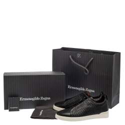 Ermenegildo Zegna Couture Black Woven Leather Pelletessuta Triple Stitch Slip On Sneakers Size 42