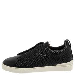 Ermenegildo Zegna Couture Black Woven Leather Pelletessuta Triple Stitch Slip On Sneakers Size 42