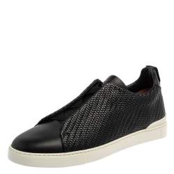 Ermenegildo Zegna Couture Black Woven Leather Pelletessuta Triple Stitch Slip On Sneakers Size 42