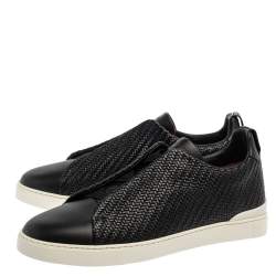 Ermenegildo Zegna Couture Black Woven Leather Pelletessuta Triple Stitch Slip On Sneakers Size 42