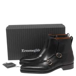 Pre Owned Ermenegildo Zegna Black Leather Monk Strap Ankle Boots Size 42.5