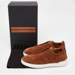 Ermenegildo Zegna Brown Suede Triple Stitch Slip On Sneakers Size 43