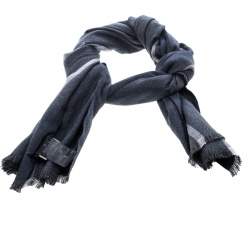 Pre Owned Ermenegildo Zegna Blue and Grey Herringbone Pattern Silk Fringed Edge Scarf