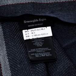 Pre Owned Ermenegildo Zegna Blue and Grey Herringbone Pattern Silk Fringed Edge Scarf