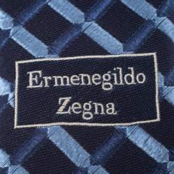 Pre Owned Ermenegildo Zegna Vintage Blue Check Embroidered Silk Tie