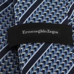 مملوكة مسبقًا Ermenegildo Zegna Navy Blue Diagonal Patterned Silk Jacquard Tie