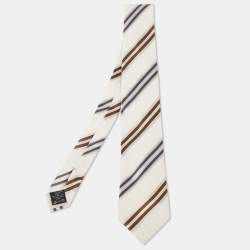 Ermenegildo Zegna Off White Striped Silk and Linen Tie