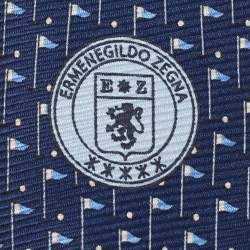 Ermenegildo Zegna Navy Blue Flag Print Silk Tie