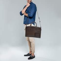 Pre Owned Ermenegildo Zegna Dark Brown Leather Zip Briefcase Bag