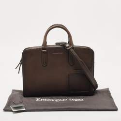 Pre Owned Ermenegildo Zegna Dark Brown Leather Zip Briefcase Bag