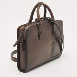 Pre Owned Ermenegildo Zegna Dark Brown Leather Zip Briefcase Bag
