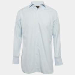 Pre Owned قميص ايرمينجيلدو زينيا قطني مخطط بخطوط رفيعة أزرق مقاس متوسط