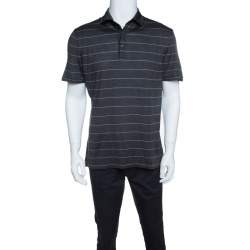 Pre Owned Ermenegildo Zegna Silk Grey and Pink Striped Polo T-Shirt L