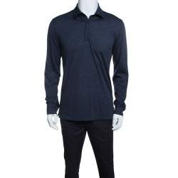 Pre Owned Ermenegildo Zegna Navy Blue Wool Cotton Knit long Sleeve Polo T-Shirt S