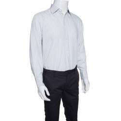 Pre Owned قميص ايرمنيجيلدو زينيا قصة إعتيادية قطن مخطط بني وأزرق فاتح L