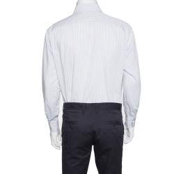 Pre Owned قميص ايرمنيجيلدو زينيا قصة إعتيادية قطن مخطط بني وأزرق فاتح L