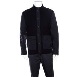 Pre Owned Ermenegildo Zegna High Performance Navy Blue Wool Leather Trim Detail Zip Front Cardigan S
