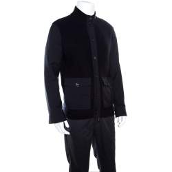Pre Owned Ermenegildo Zegna High Performance Navy Blue Wool Leather Trim Detail Zip Front Cardigan S