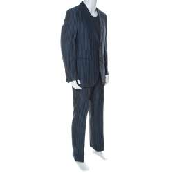 Ermenegildo Zegna Couture Blue Striped Linen and Silk Blend Regular Fit Suit L 