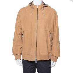 Pre Owned Ermenegildo Zegna Light Brown Leather Paneled Hooded Jacket 3XL