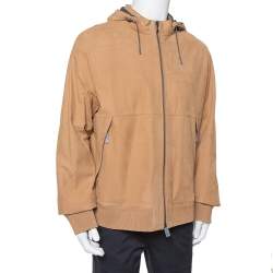 Pre Owned Ermenegildo Zegna Light Brown Leather Paneled Hooded Jacket 3XL