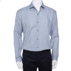 Pre Owned Ermenegildo Zegna Grey Check Patterned Cotton Button Front Shirt XL 