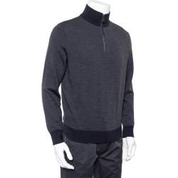 Pre Owned Ermenegildo Zegna Navy Blue Wool and Cashmere Leather Zipper Front Detail Sweater XXL