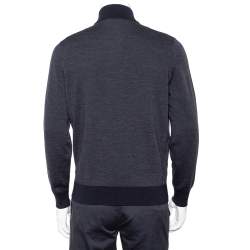 Pre Owned Ermenegildo Zegna Navy Blue Wool and Cashmere Leather Zipper Front Detail Sweater XXL