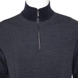 Pre Owned Ermenegildo Zegna Navy Blue Wool and Cashmere Leather Zipper Front Detail Sweater XXL