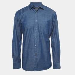 Ermenegildo Zegna Dark Blue Cotton Button Front Full Sleeve Shirt L