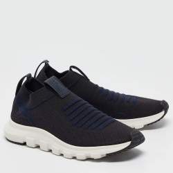 Ermenegildo Zegna Navy Blue/Black Knit Fabric Slip On Sneakers Size 42
