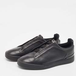 Pre Owned Ermenegildo Zegna Black Leather Triple Stitch Sneakers Size 41.5