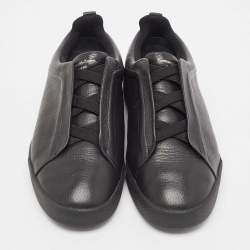 Pre Owned Ermenegildo Zegna Black Leather Triple Stitch Sneakers Size 41.5