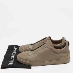 Pre Owned Ermenegildo Zegna Olive Green Leather Triple Stitch Slip On Sneakers Size 44.5