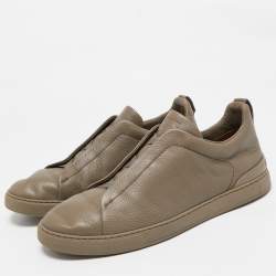 Pre Owned Ermenegildo Zegna Olive Green Leather Triple Stitch Slip On Sneakers Size 44.5